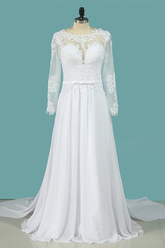 Wedding Dresses A Line Scoop Long Sleeves Chiffon With Applique