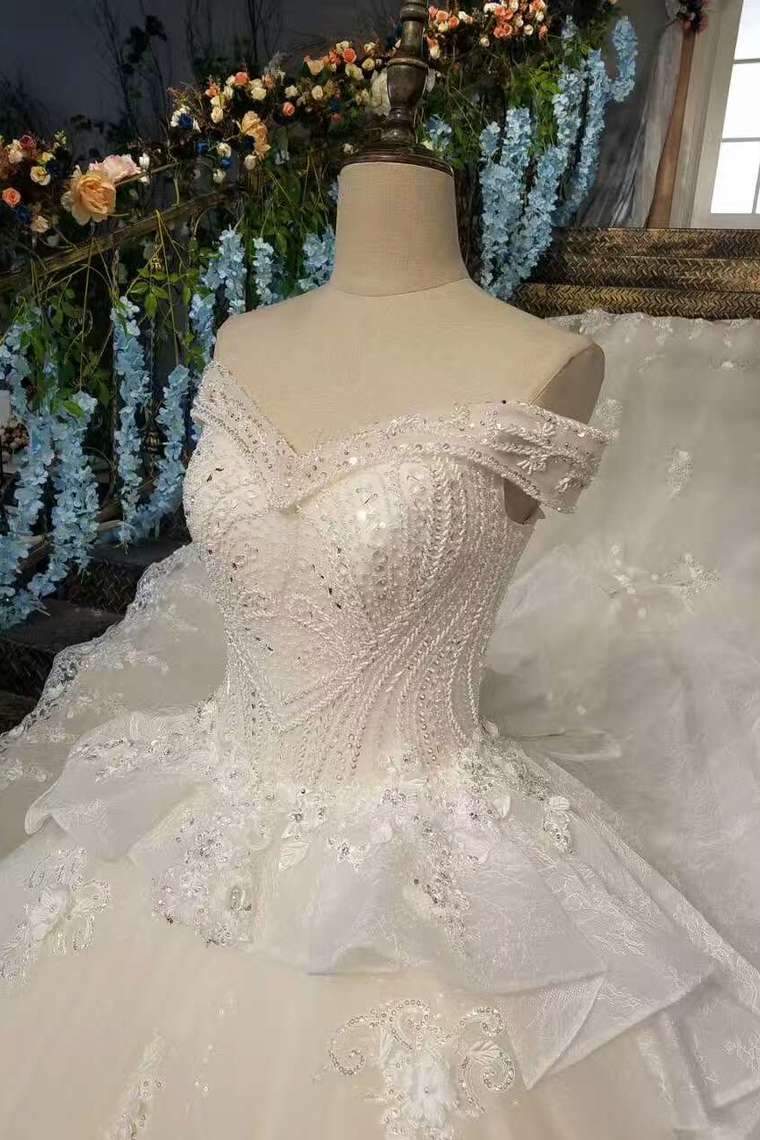 Off The Shoulder Wedding Dresses Lace Up With Appliques And Crystals