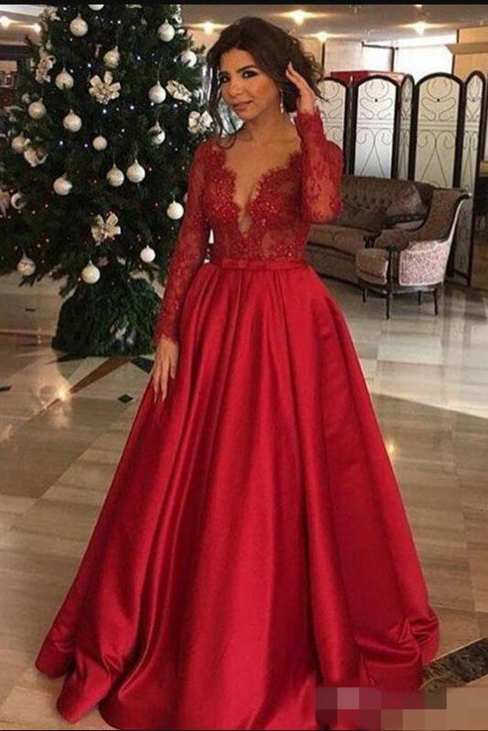 Elegant Long Sleeve Red Lace Beads Long Prom Dresses, A Line Satin Evening Dresses SRS15174