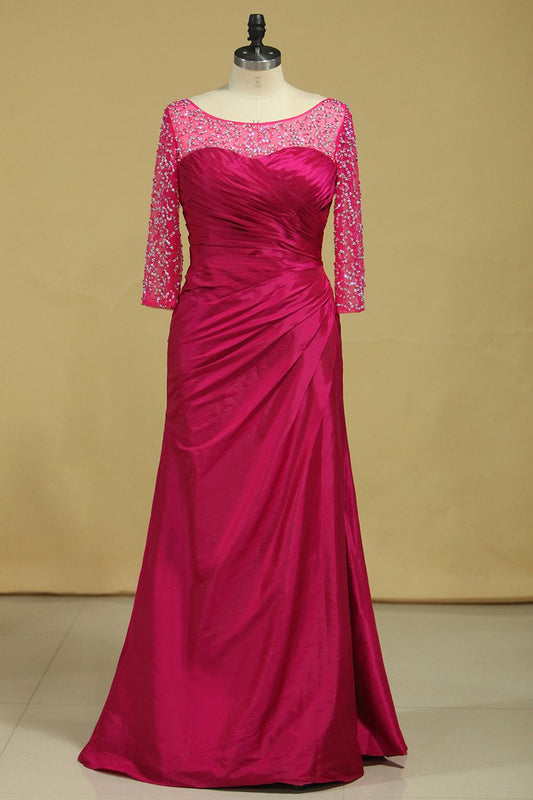 2024 Plus Size Scoop Mother Of The Bride Dresses Long Sleeves Taffeta With Beads And Ruffles Fuchsia