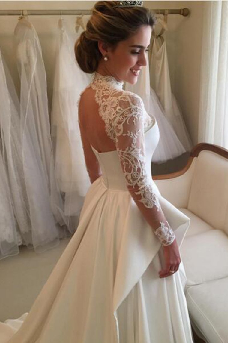 2024 High Neck Open Back Long Sleeves Wedding Dresses A Line Satin