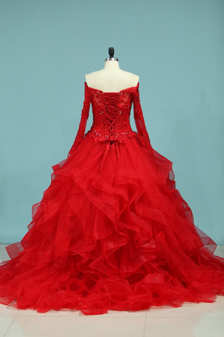 Scoop Long Sleeves Tulle Quinceanera Dresses Ball Gown With Applique