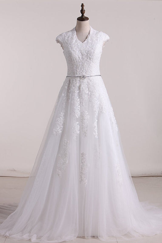 2024 A Line V Neck With Applique Wedding Dresses Tulle Court Train