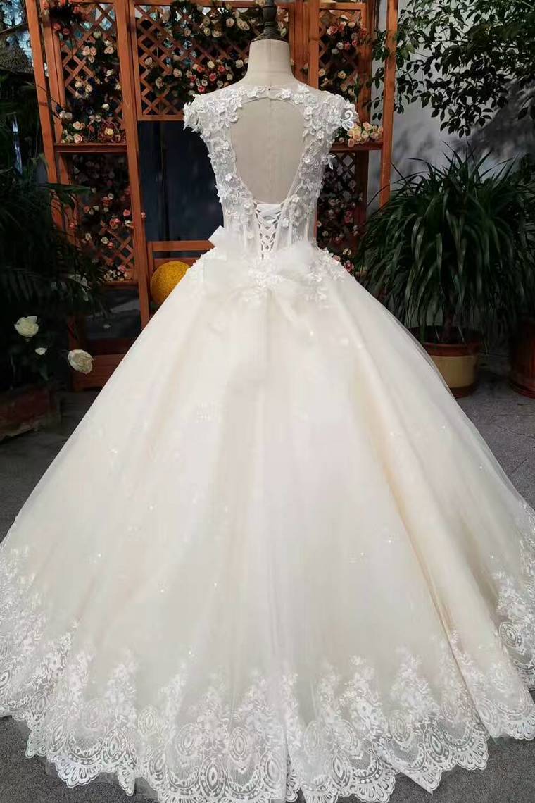 Hot SellingFloor Length Lace Up Wedding Dresses With Appliques And Sequins