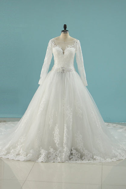 2024 Scoop Wedding Dresses A Line Long Sleeves Tulle Court Train