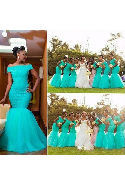 2024 Boat Neck Mermaid Bridesmaid Dresses Tulle & Lace Sweep Train