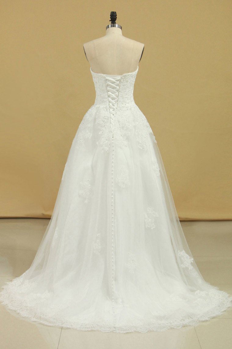 Wedding Dresses Strapless Tulle With Applique A Line Court Train