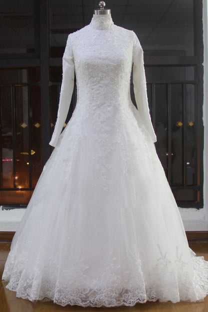 2024 High Neck Wedding Dresses A Line Tulle Muslim With Applique