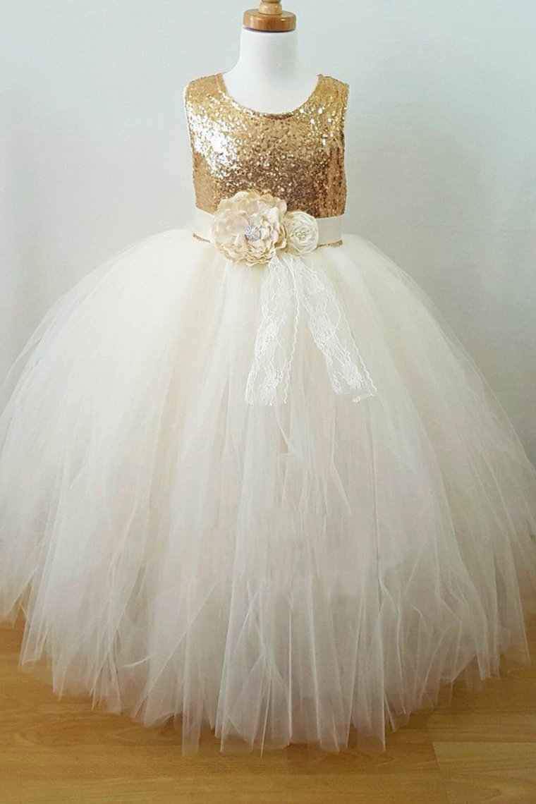 2024 Flower Girl Dresses A Line Scoop Tulle & Sequin With Sash