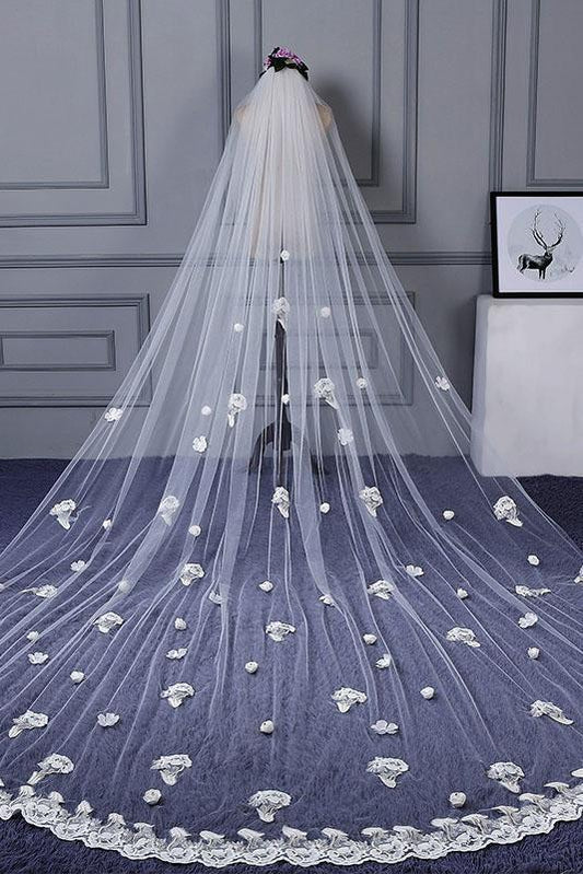 3M Tulle Ivory Wedding Veils with Appliques, Fashion Hand Made Flowers Wedding Veils SRS15544