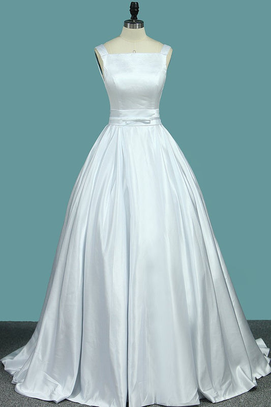 2024 New Arrival Straps Satin Wedding Dresses With Sash/Ribbon Open Back