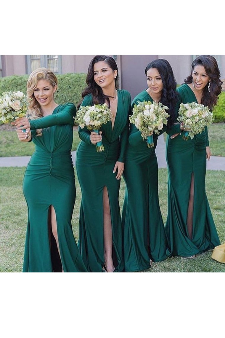 2024 V Neck Long Sleeves Mermaid Bridesmaid Dresses With Slit