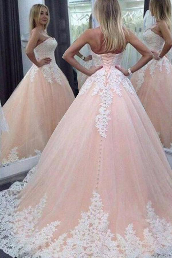 Stunning Sweetheart Floor-Length Appliques Lace up Strapless Ball Gown Tulle Wedding Dress JS614