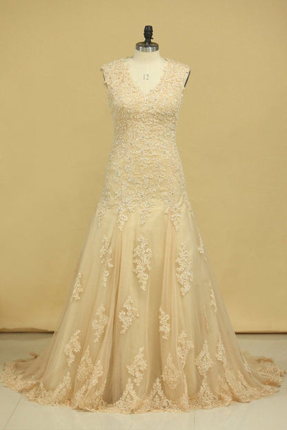 2024 Champagne V-Neck Wedding Dresses A Line Court Train With Applique