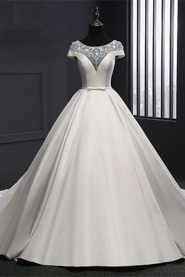 Formal Vintage Ivory Lace Satin Long Ball Gown Wedding Dresses