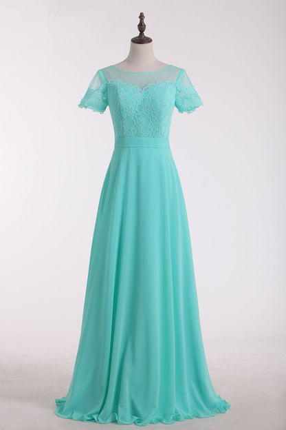 2024 Bridesmaid Dresses Scoop Short Sleeve Chiffon & Lace Floor Length