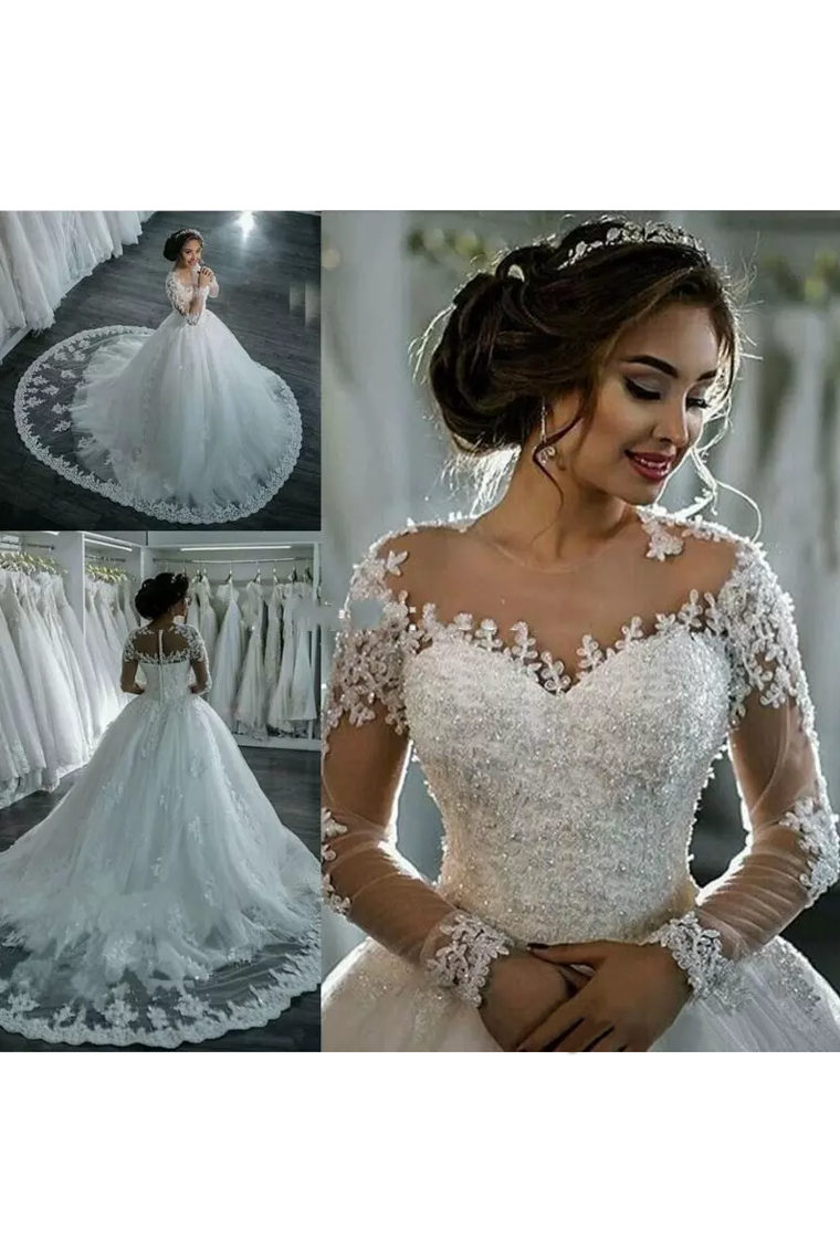 2024 New Arrival Long Sleeves Tulle Wedding Dresses Scoop Neck With Appliques