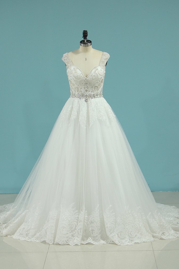 2024 A Line Open Back V Neck Wedding Dresses Tulle With Applique And Beading Chapel Train