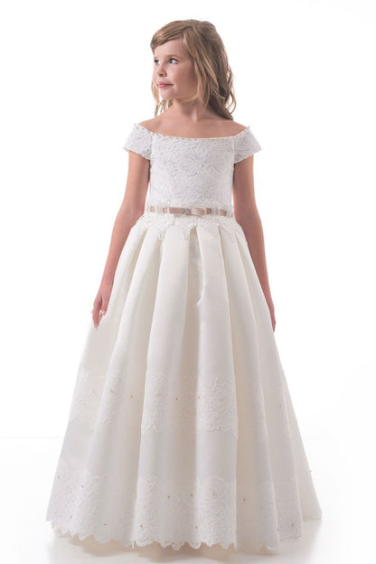 2024 A Line Off The Shoulder Flower Girl Dresses Satin With Applique And Sash