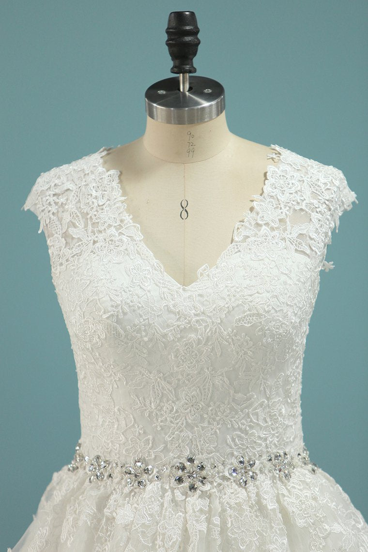 V Neck A Line Beaded Waistline Wedding Dresses Lace With Applique