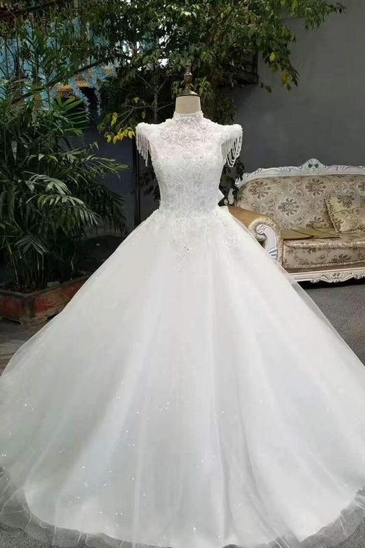 Special Offer Wedding Dresses Tulle Lace Up High Neck With Appliques And Rhinestones