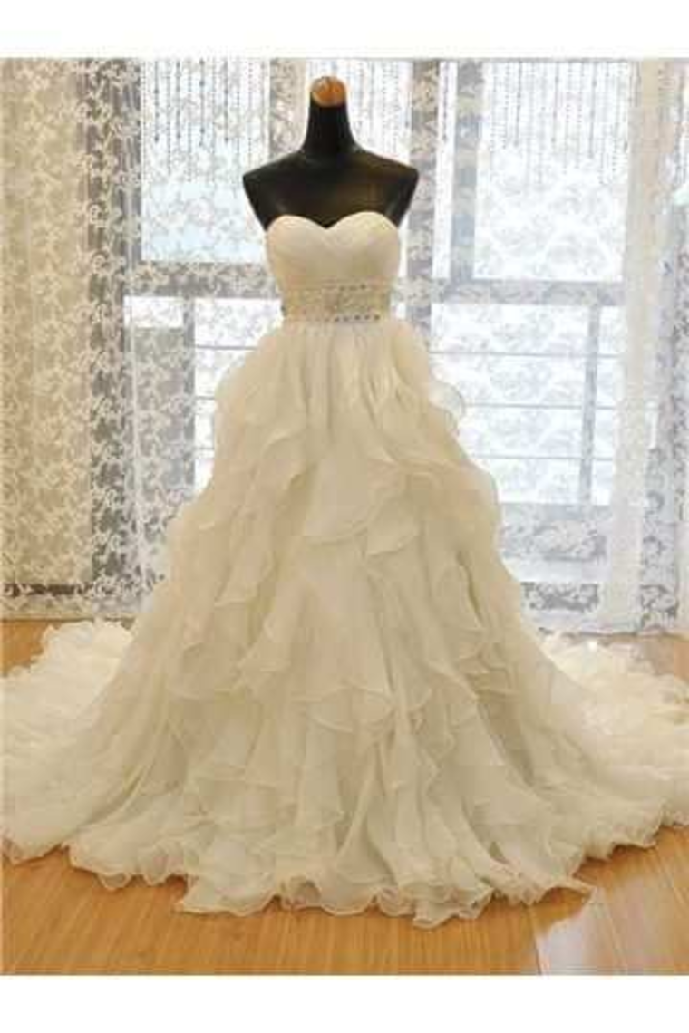 2024 Sweetheart Wedding Dress A Line Organza With Beads And Ruffles Chapel Train