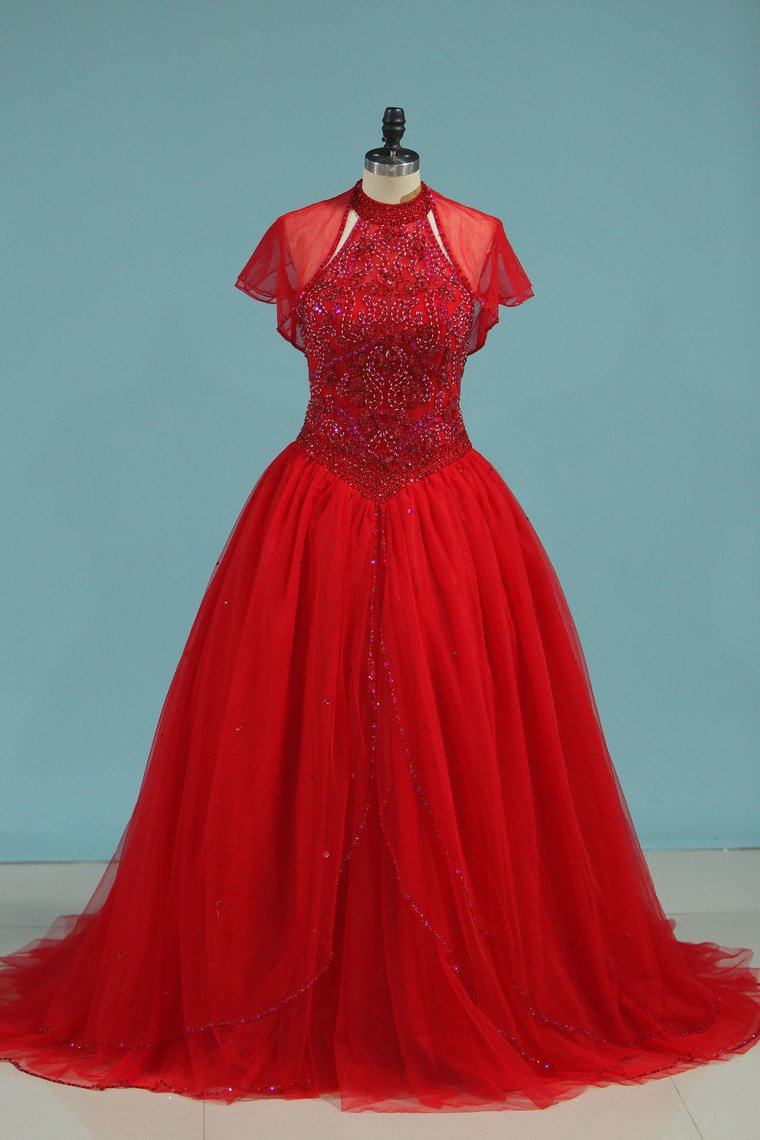 High Neck Quinceanera Dresses Ball Gown With Beading Court Train