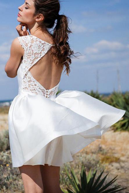 A Line Round Neck Open Back Short Beach Wedding Dress with Lace Pockets SRS15018