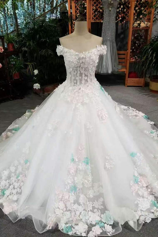 New Arrival Off The Shoulder Floral Wedding Dresses Lace Up With Appliques And Handmade Flowers