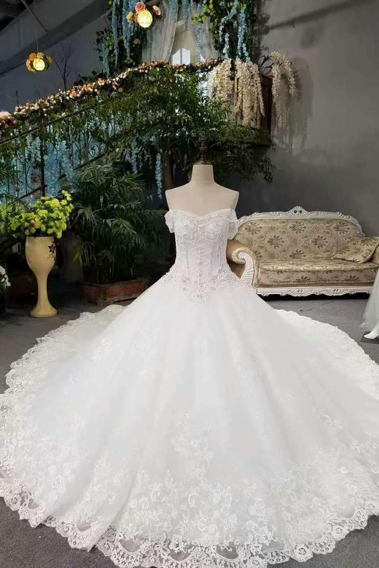 Marvelous Wedding Dresses Lace Up Off The Shoulder With Appliques And Crystals Royal Train