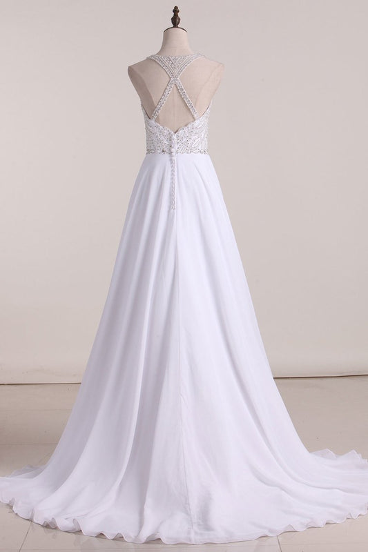 2024 New Arrival Spaghetti Straps A Line Wedding Dresses Chiffon With Beading