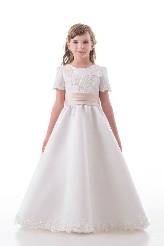 A Line Scoop Short Sleeves Flower Girl Dresses With Applique Satin