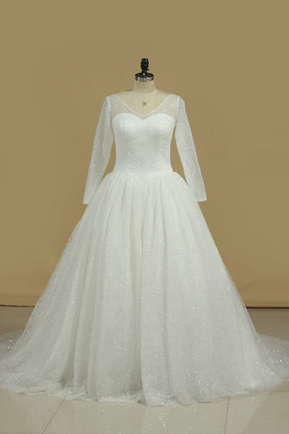 2024 Wedding Dresses A-Line V-Neck Chapel Train Tulle Long Sleeves