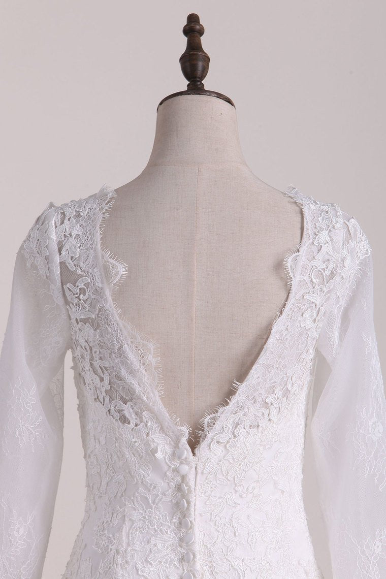 Wedding Dresses Scoop Long Sleeves Open Back Lace With Applique