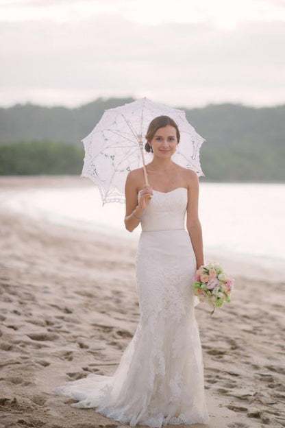 Subtle Sweetheart Strapless Lace Mermaid White Sleeveless Tulle Beach Wedding Dresses