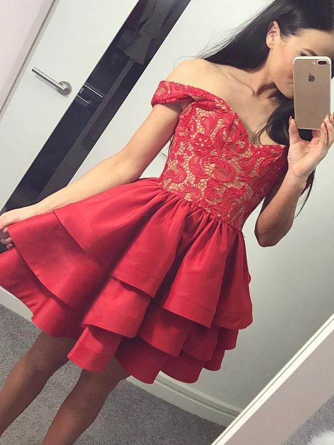 A Line Off the Shoulder Lace Red Satin Ruffles Layered Short Homecoming Dresses JS991