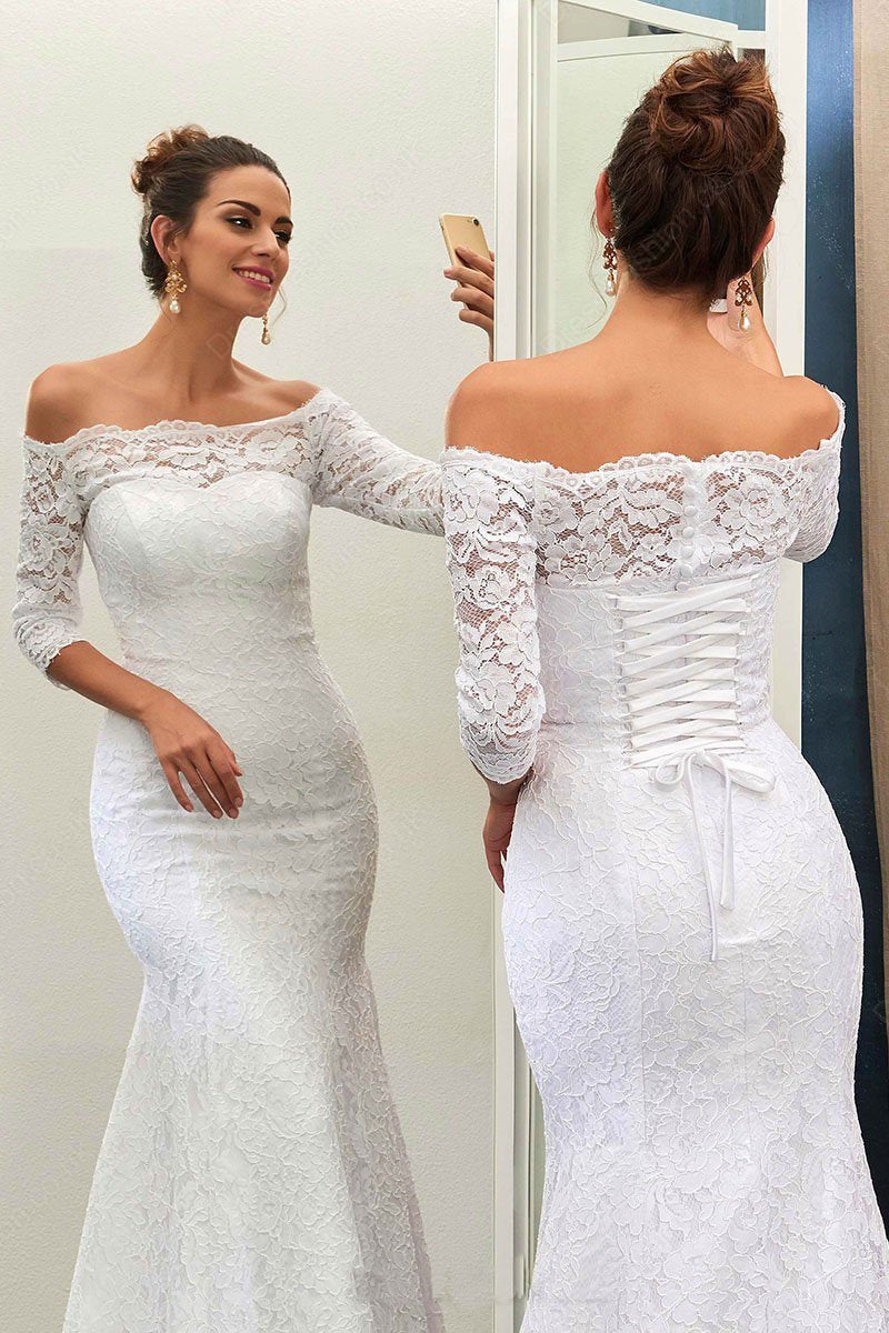 Mermaid Off-the-Shoulder Lace Sweep Train 3/4 Sleeve Lace Wedding Dresses