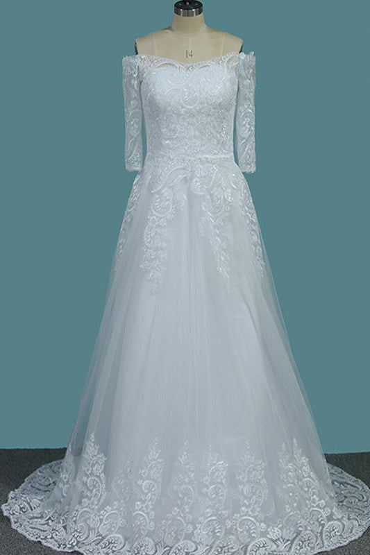 A Line White Off the Shoulder Half Sleeves Lace Appliques Tulle Wedding Dresses