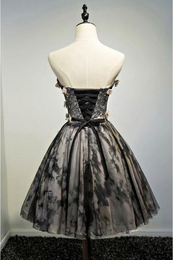 A Line Black Sweetheart Strapless with Flowers Tulle Short School Dress Homecoming Dress JS886