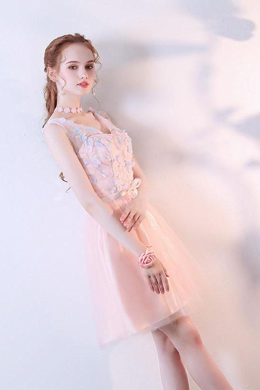 A Line Pink Tulle Cap Sleeves Scoop Short Prom Dresses with Flowers Homecoming Dress JS878