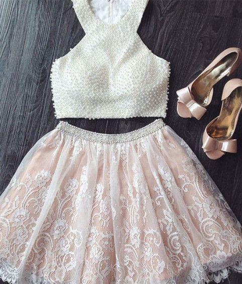 Fashion Two Piece A-Line Jewel Sleeveless Short Homecoming Dress With Beading Lace JS745