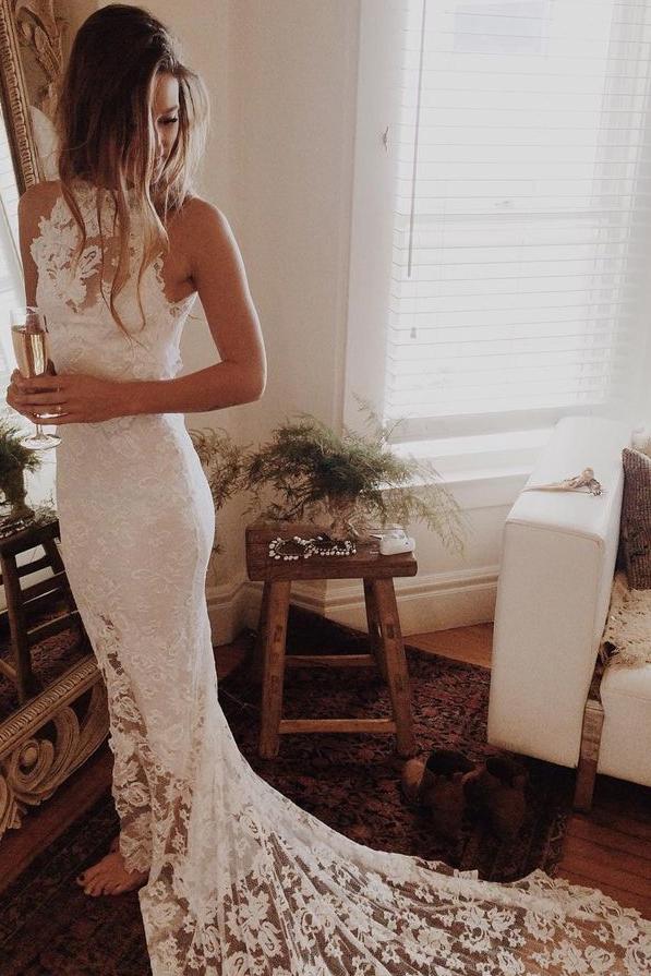 Simple Sleeveless Long Ivory Lace Halter Mermaid Sleeveless Wedding Dresses UK JS338