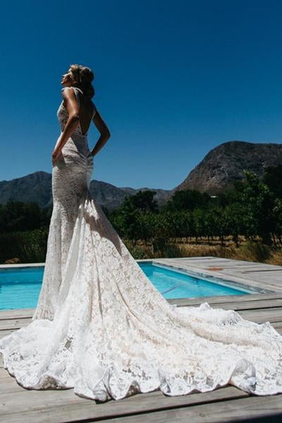 Simple Sleeveless Long Ivory Lace Halter Mermaid Sleeveless Wedding Dresses UK JS338