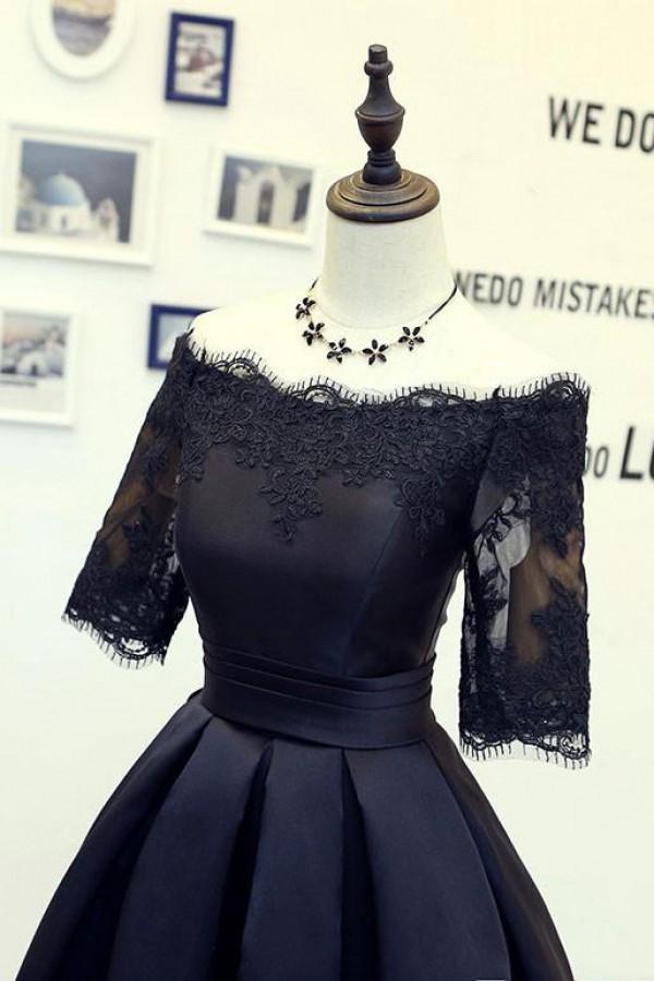 A Line Black Short Sleeves Off the Shoulder Lace Appliques Satin Homecoming Dresses JS885