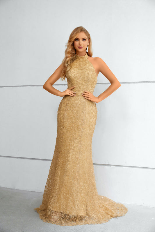 Champagne Halter Sleeveless Lace Mermaid Prom Dresses