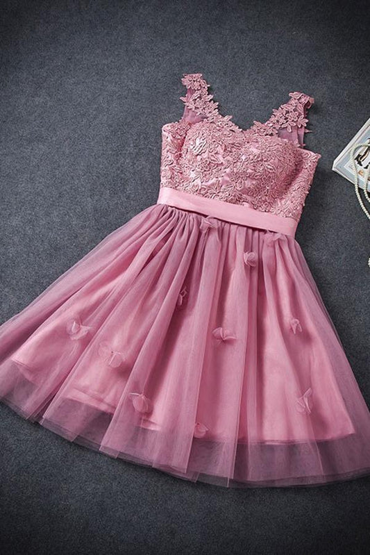 A Line Tulle Lace Appliques Lace up V Neck Pink Short Prom Dresses Homecoming Dresses JS906