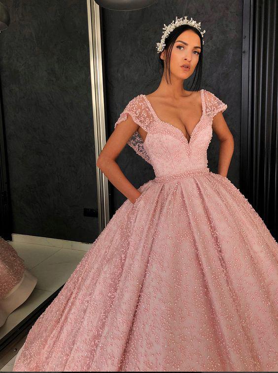 Chic Ball Gown Straps Pink Cap Sleeve Sparkly V Neck Beads Quinceanera Dress with Pockets JS228