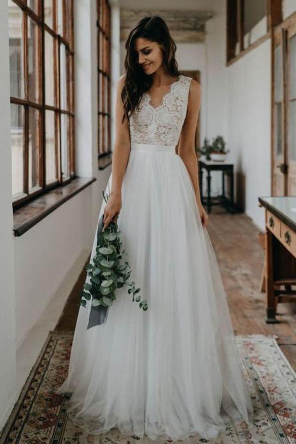 Hot Sale V Neck Lace Open Back Beautiful Wedding Dresses