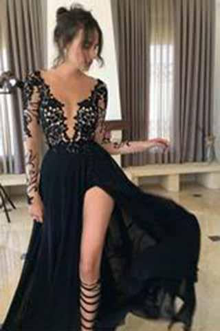 Sexy Black Long Sleeve Lace Slit V-Neck 2024 Prom Dress Evening Dresses PG341