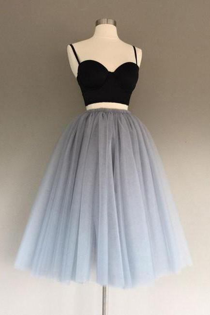 Two Pieces Black and Silver Short Tulle Sweetheart Spaghetti Strap Homecoming Dress JS200